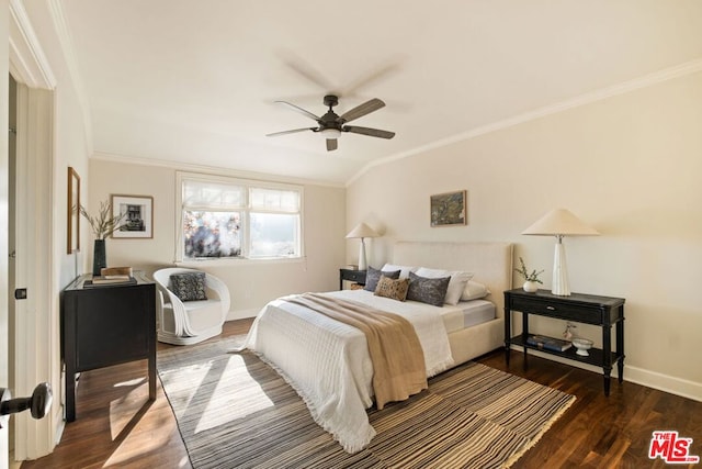 bedroom with ceiling fan, dark wood-type flooring, and ornamental molding