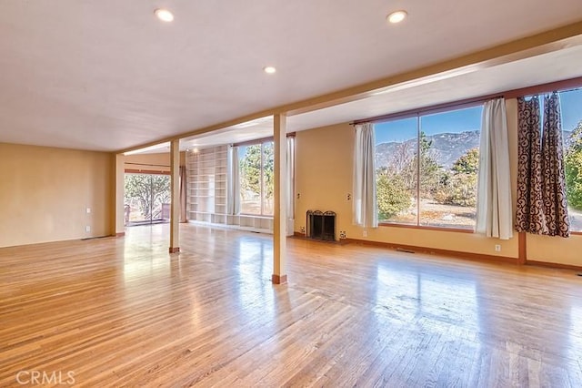 spare room featuring a mountain view and light hardwood / wood-style floors