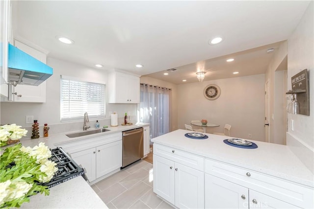 kitchen featuring light tile patterned flooring, range hood, stainless steel dishwasher, white cabinets, and sink