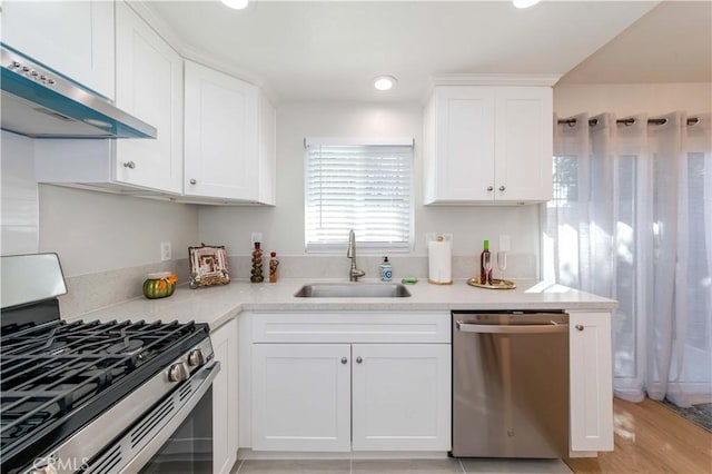 kitchen featuring ventilation hood, stainless steel appliances, white cabinets, and sink