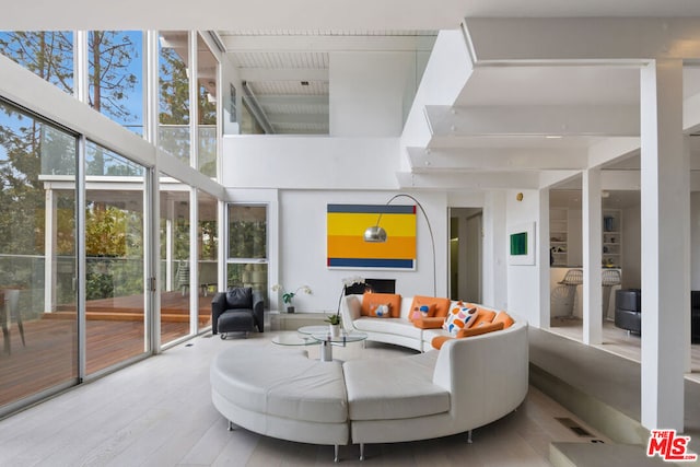 living room with a towering ceiling and hardwood / wood-style flooring