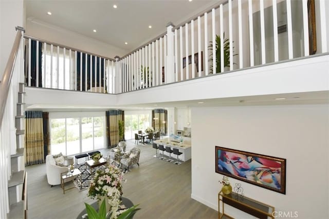 living room featuring a towering ceiling and hardwood / wood-style flooring