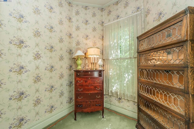 sitting room featuring light colored carpet and crown molding