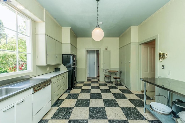 kitchen featuring dishwasher, black refrigerator, white cabinetry, hanging light fixtures, and ornamental molding