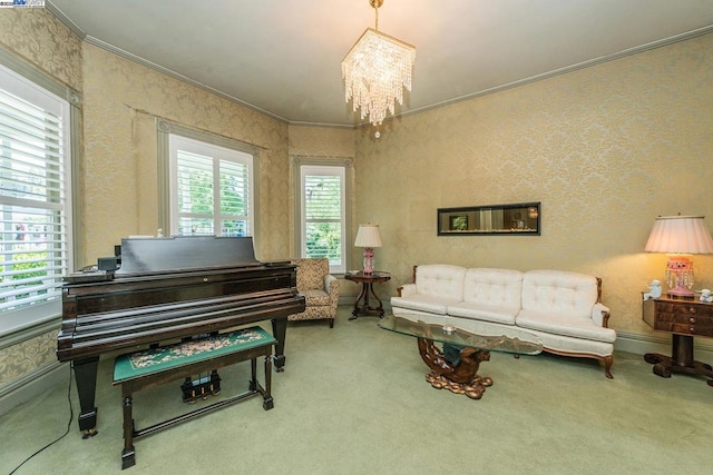 misc room featuring crown molding, an inviting chandelier, and carpet flooring