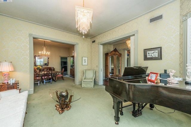 miscellaneous room featuring carpet floors, an inviting chandelier, and crown molding