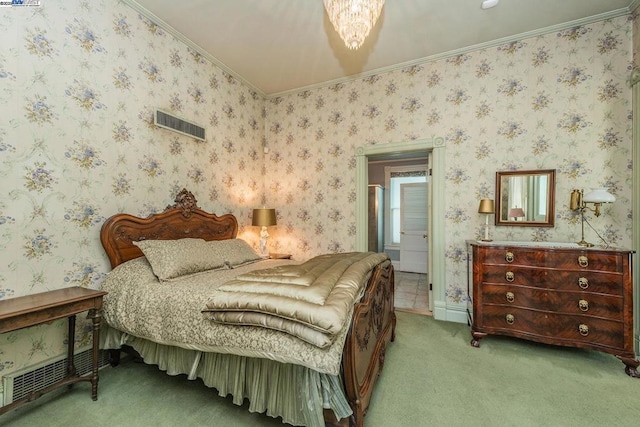 bedroom featuring light colored carpet and ornamental molding