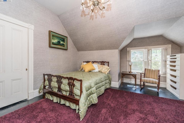 bedroom featuring vaulted ceiling, an inviting chandelier, and a textured ceiling