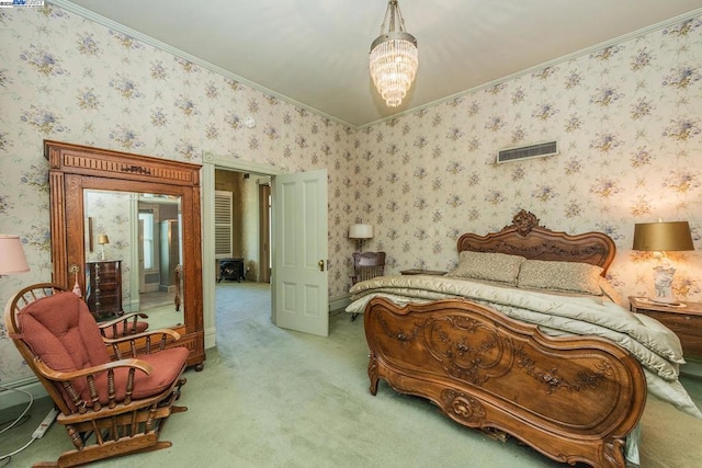 bedroom with ornamental molding, light colored carpet, and a notable chandelier