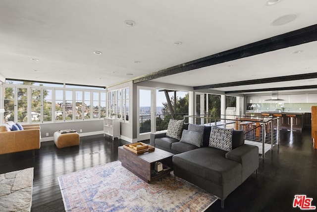 interior space with dark wood-type flooring and beam ceiling