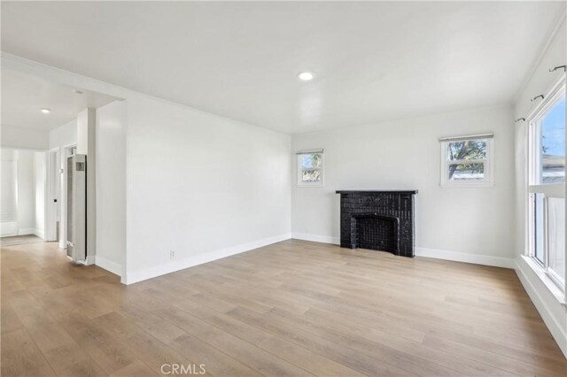 unfurnished living room featuring light wood-type flooring and a fireplace