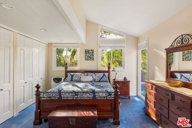 bedroom with lofted ceiling, a closet, and dark colored carpet