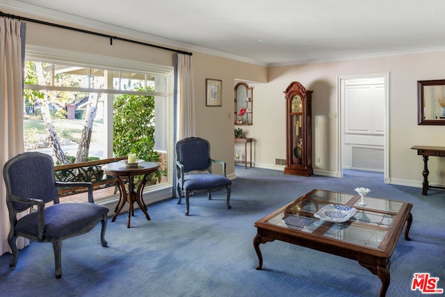 sitting room with crown molding and dark carpet