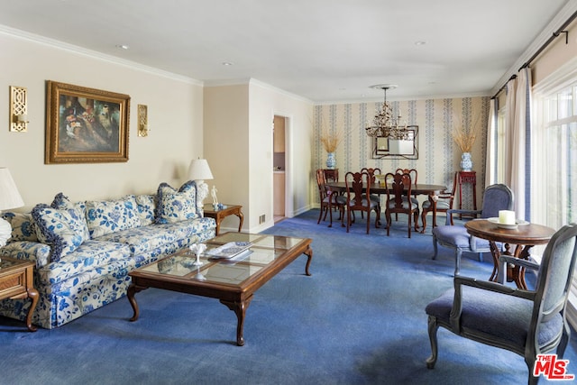 living room with an inviting chandelier, ornamental molding, and carpet