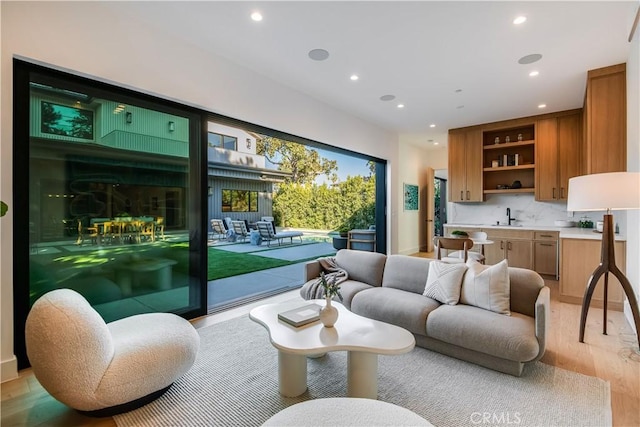 living room with light hardwood / wood-style floors and sink