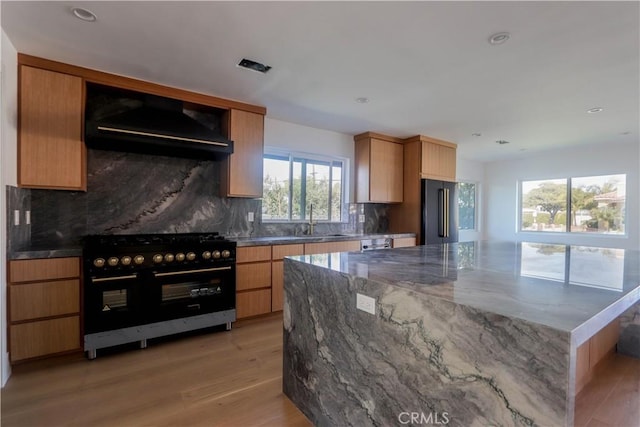 kitchen featuring premium appliances, light wood finished floors, backsplash, a sink, and wall chimney exhaust hood