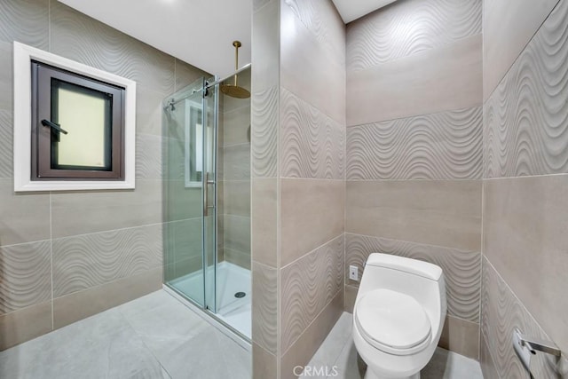 bathroom with toilet, tile walls, and walk in shower