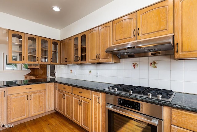 kitchen featuring tasteful backsplash, appliances with stainless steel finishes, dark stone countertops, and light hardwood / wood-style floors