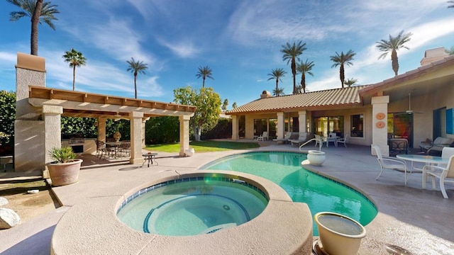 view of swimming pool featuring an in ground hot tub, a patio, and a pergola