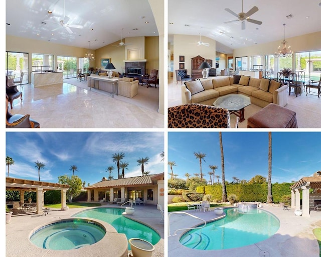 view of swimming pool featuring ceiling fan with notable chandelier and an indoor in ground hot tub