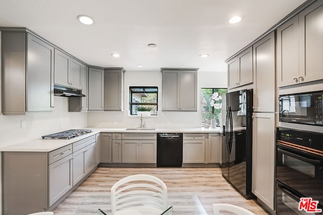 kitchen featuring light hardwood / wood-style floors, sink, black appliances, and gray cabinetry