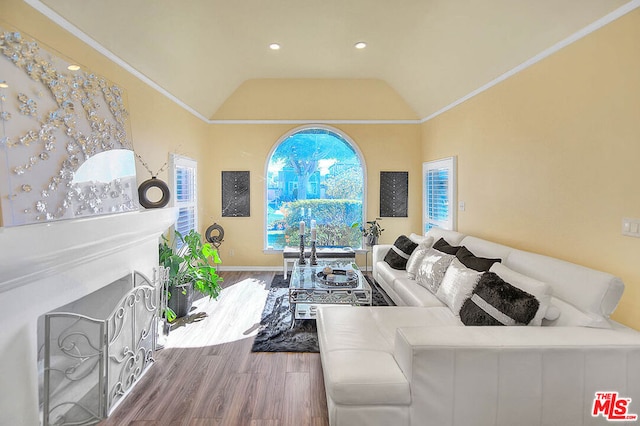 living room featuring lofted ceiling, wood-type flooring, and crown molding