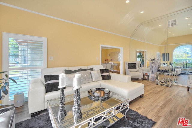 living room featuring hardwood / wood-style floors and lofted ceiling