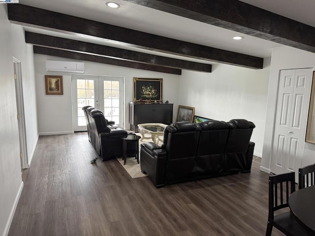 living room with lofted ceiling with beams, an AC wall unit, dark hardwood / wood-style floors, and french doors