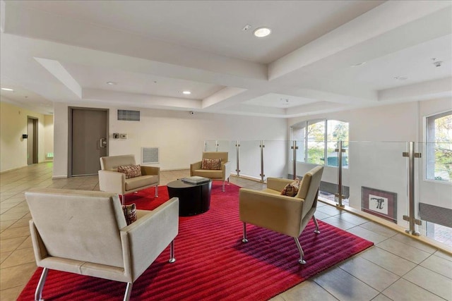 tiled living room with a raised ceiling