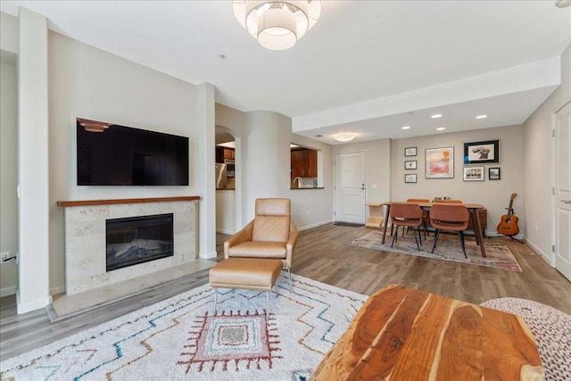 living room with hardwood / wood-style floors and a fireplace