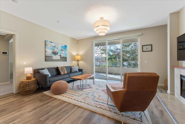 living room with light hardwood / wood-style floors and a tile fireplace