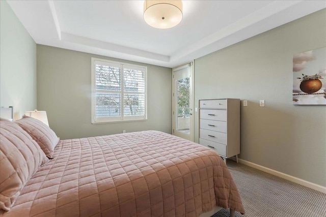 carpeted bedroom featuring a tray ceiling