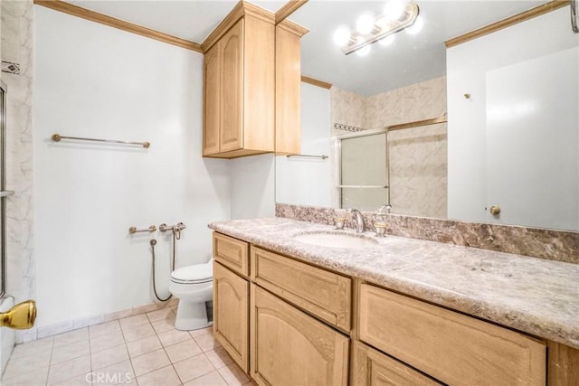 bathroom with toilet, tile patterned flooring, crown molding, and a shower with door