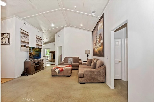 carpeted living room with vaulted ceiling