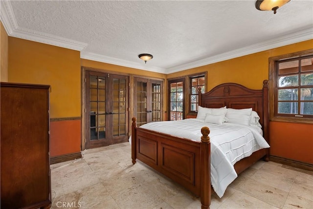 4485 Myrtle Ave, Long Beach, CA 90807 - bedroom with ornamental molding, french doors, multiple windows, and a textured ceiling