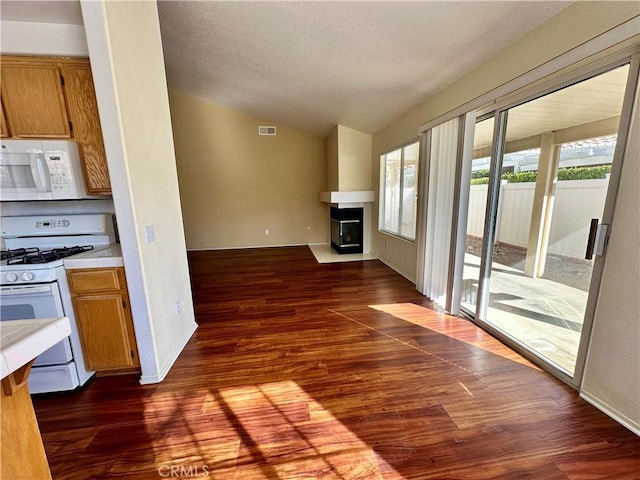 kitchen with dark wood-type flooring, plenty of natural light, and white appliances