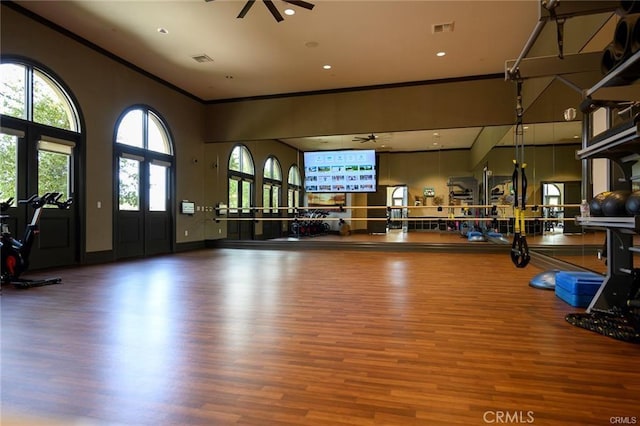 workout area featuring ceiling fan and hardwood / wood-style flooring