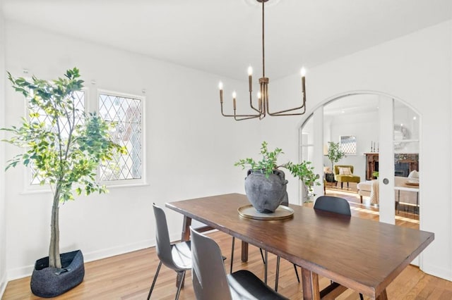 dining room with a notable chandelier and light hardwood / wood-style flooring