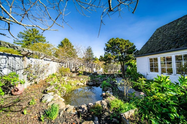 view of yard with a small pond