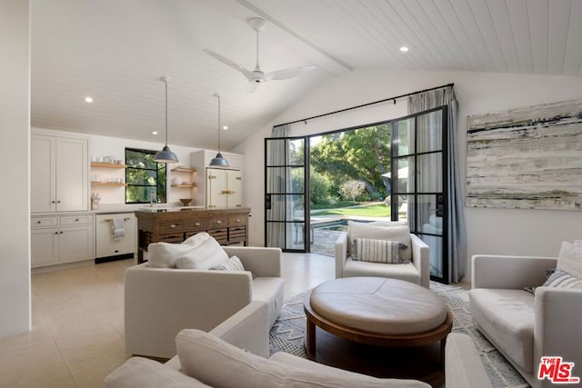 tiled living room with ceiling fan, lofted ceiling with beams, and wood ceiling