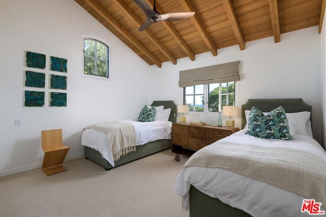 bedroom with ceiling fan, wooden ceiling, multiple windows, and carpet