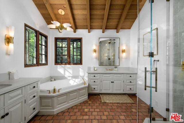 bathroom with independent shower and bath, wood ceiling, vanity, and lofted ceiling with beams