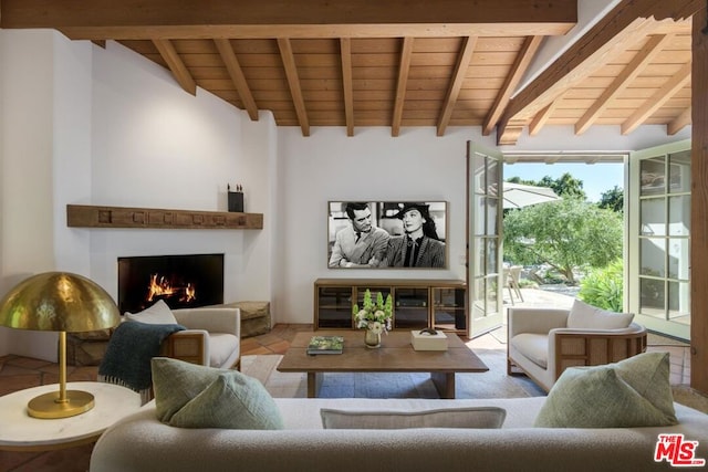 living room with wood ceiling and vaulted ceiling with beams