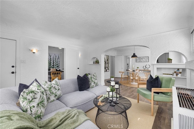 living room featuring a textured ceiling and wood-type flooring