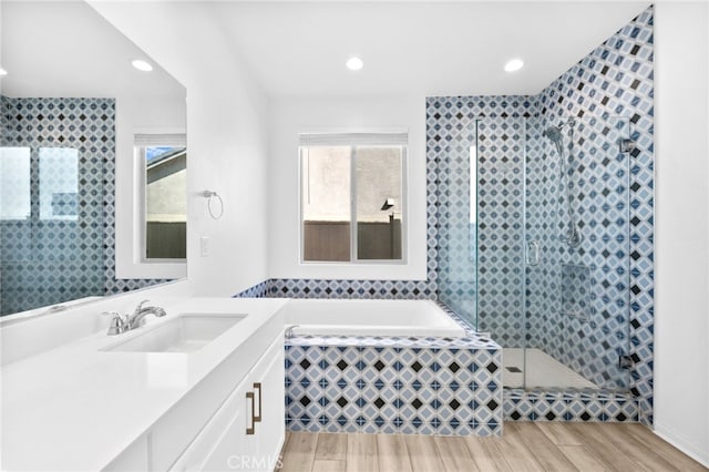 bathroom featuring wood finish floors, plenty of natural light, vanity, and a shower stall