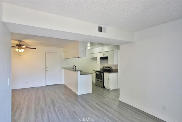 kitchen featuring ceiling fan, light hardwood / wood-style floors, electric range, a textured ceiling, and white cabinets