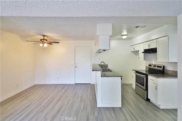 kitchen with electric stove, ceiling fan, white cabinetry, light hardwood / wood-style flooring, and a textured ceiling