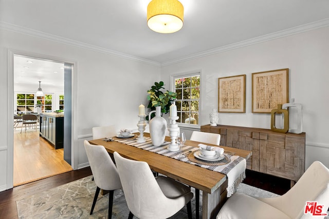 dining area featuring crown molding and dark hardwood / wood-style floors