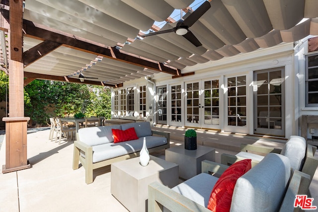 view of patio with an outdoor living space, french doors, and ceiling fan