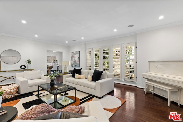 living room with dark wood-type flooring and ornamental molding